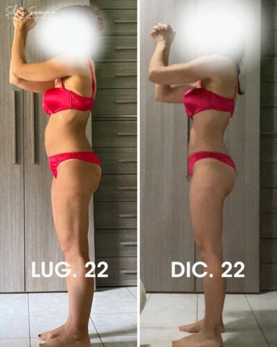 Prima e dopo 4 mesi mamma over40: nella seconda foto tono muscolare, postura e distribuzione del grasso sono nettamente migliorate